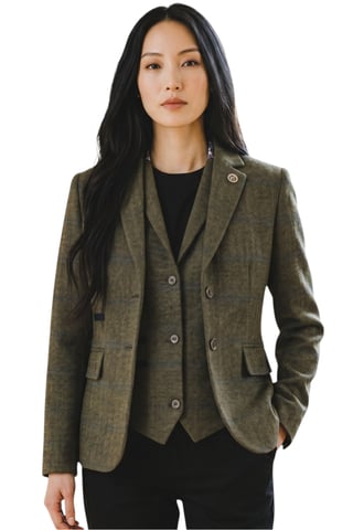 Damen-Olive 2-teilige karierte formelle Tweed-Blazer & Weste – TPSTZ-7