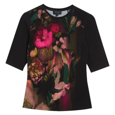 Ted Baker Floene Bedrucktes, Eng Anliegendes, Schwarzes Oberteil Mit Dreiviertelärmeln