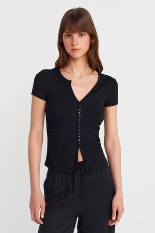 Dilvin Slim-fit Bluse mit V-Ausschnitt und Knopfleiste - Schwarz