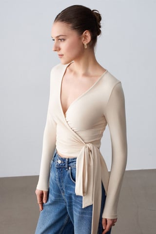 Damen Crop-Wrap-Bluse mit Bindeband