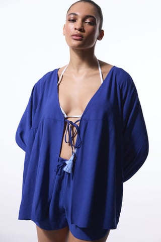 Einfarbiger Midi Gewebter Kimono mit Fransenband