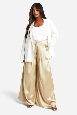 Plus Satin Pleat Detail Tailored Wide Leg Trouser