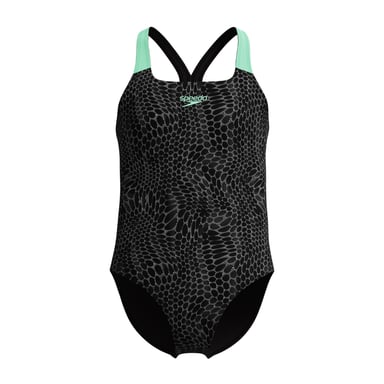 Speedo - Badeanzug für Mädchen, Halboffener Rücken (Schwarz/Grün)