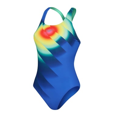 Speedo - "Placement" Badeanzug für Damen, Halboffener Rücken (Blau/Grün/Gelb)