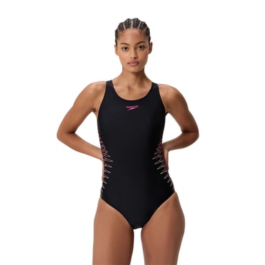 Speedo - "Placement" Badeanzug für Damen, Halboffener Rücken (Schwarz)