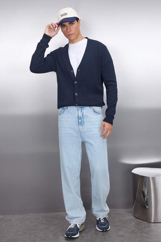 TRENDYOL MAN Herren Dunkelblau Einfarbig Lang Tailliert Cardigans