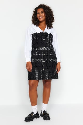 Trendyol Curve Damen Schwarz Kariert Kurz / Mini Lang Casual Bodycon Große Größen Kleid