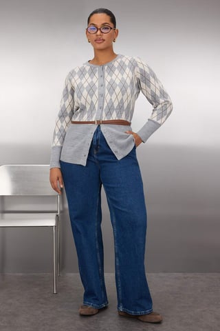 Trendyol Curve Damen Grau Rautenmuster Lang Regular Fit Große Größen Cardigans