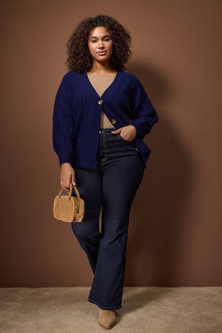 Trendyol Curve Damen Dunkelblau Zopfstrick Lang Regular Fit Große Größen Cardigans
