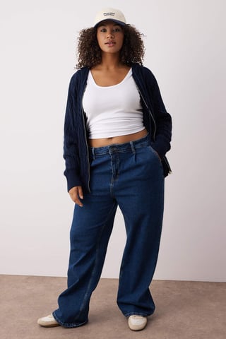 Trendyol Curve Curve Zopfstrick-Cardigan, lang, Regular Fit, Große Größen - Marineblau/Blau