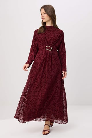Trendyol Modest Damen Bordeaux Geblümt Maxi Lang A-Linie Modest Abend Kleider
