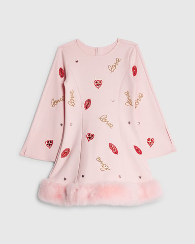 River Island Mädchenkleid Rosa Lippenimitatpelzsaum Rundhalsausschnitt