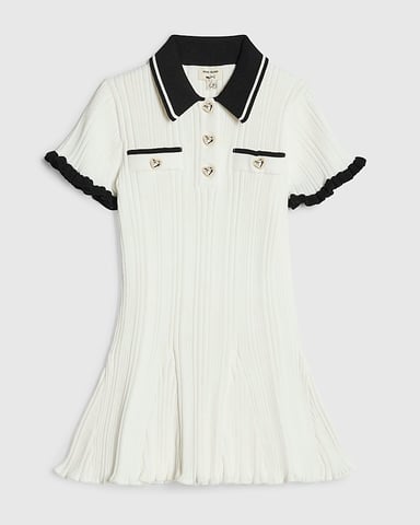River Island Mädchen-Minikleid, Creme, Strick, ausgestellter Schnitt, Kragen