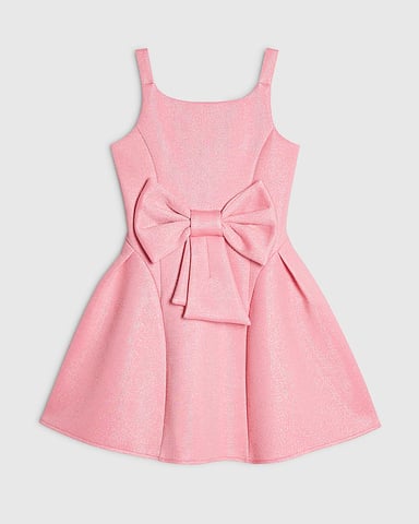 River Island Mädchen Skaterkleid Rosa mit Glitzerschleife Ärmellos