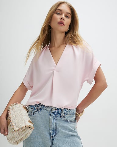 River Island Damen-T-Shirt Rosa Crêpe V-Ausschnitt Kurzarm