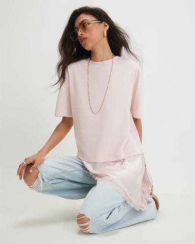 River Island Damen-T-Shirt Rosa aus Baumwolle mit Spitzenbesatz und asymmetrischem Saum