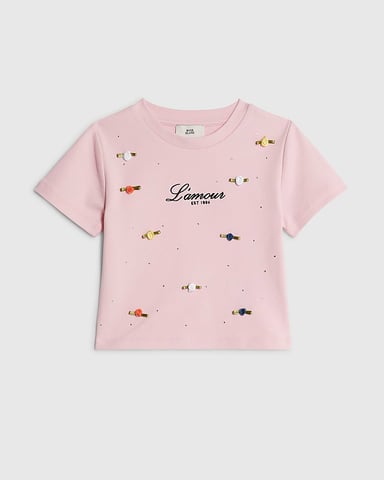 River Island Mädchen-T-Shirt Rosa L'amour Rosette Rundhalsausschnitt