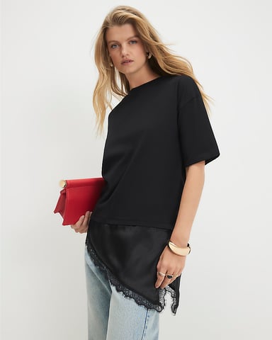 River Island Damen-T-Shirt Schwarz Baumwolle Spitzenbesatz Asymmetrisch