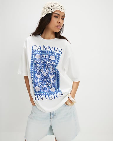 River Island Damen-T-Shirt Weiß Baumwolle Cannes Grafik