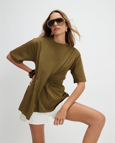 River Island Damen-T-Shirt Khaki Baumwolle Kurzarm Faltenpartie vorn