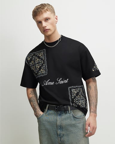 River Island Herren-T-Shirt Schwarz Baumwolle Ame Saint Midweight