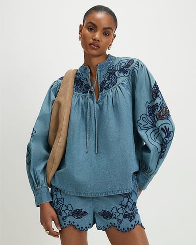 River Island Damenbluse Blau Jeansstoff mit Lochstickerei