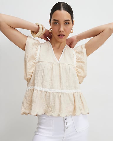 River Island Damenbluse Beige mit Stickerei und V-Ausschnitt