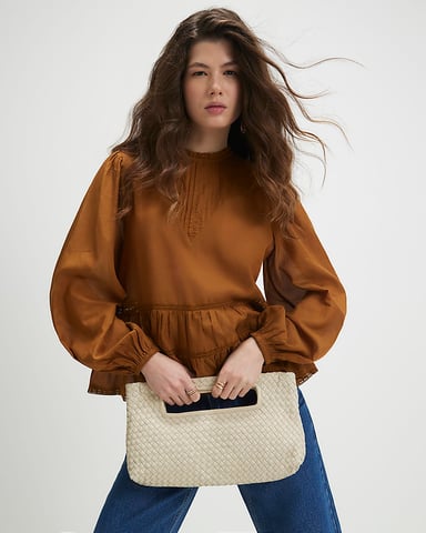 River Island Damen Smok-Top Braun Langarm Spitzendetail