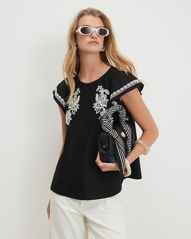 River Island Damenbluse Schwarz mit Applikation aus Popeline mit Rundhalsausschnitt
