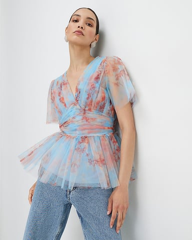 River Island Damen-Tülltop Blau Kurzarm V-Ausschnitt