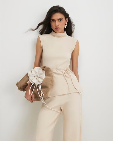 River Island Damenoberteil Beige Baumwollmischung Strukturierter Bindegürtel