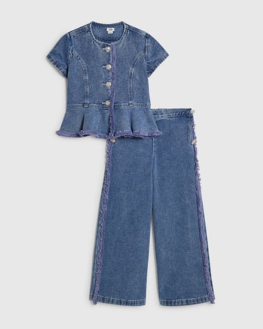 River Island Mädchen Schößchen-Top- und Jeans-Set Blau Denim 2-teilig