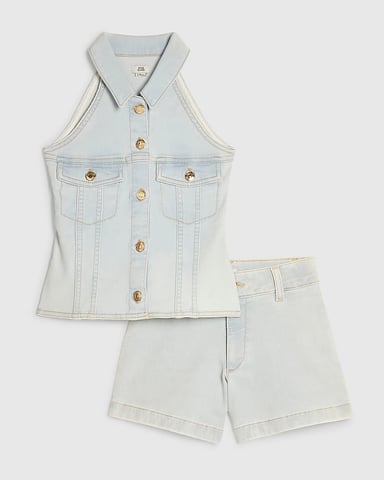 River Island Mädchen-Westen- und Shorts-Set Blue Denim 2-teilig