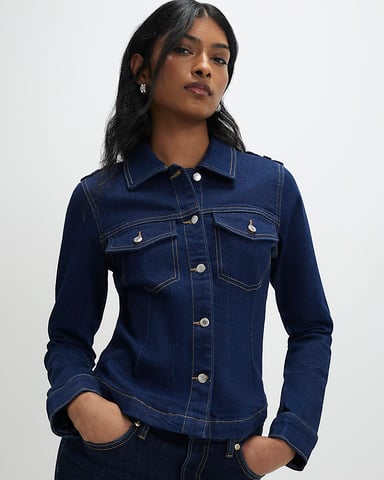 River Island Damen Jeansjacke Blau Tailliert Mit Kragen Denim
