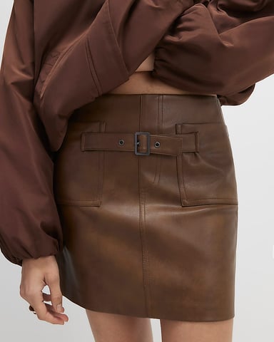 River Island Damen Minirock Braun Kunstleder Mit Gürtel