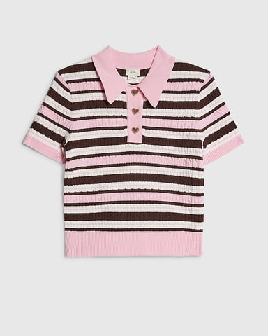 River Island Mädchen-Poloshirt Rosa Gestreift mit Kragen und Zopfmuster