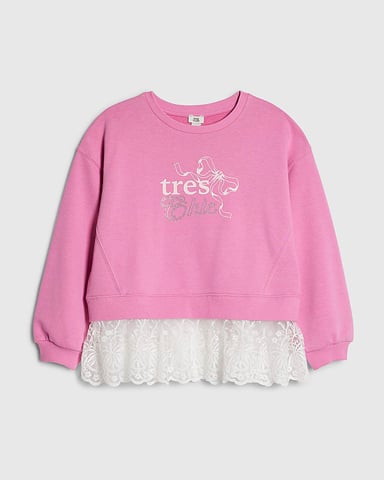 River Island Mädchen-Sweatshirt Rosa Tres Chic mit Spitzensaum
