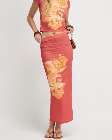 River Island Damen Maxirock Orange Blumenmuster Elastischer Bund