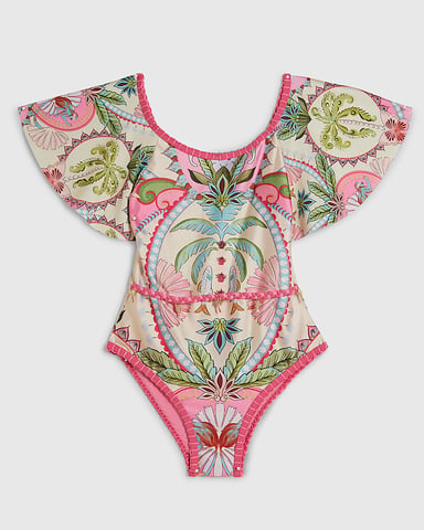River Island Mädchen-Badeanzug Rosa Palmenprint Rundhalsausschnitt