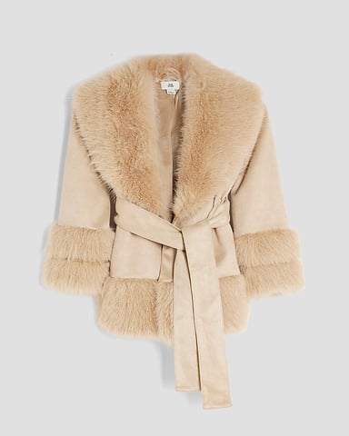 River Island Mädchen Wickelmantel Cremeimitatleder Fell Bindegürtel