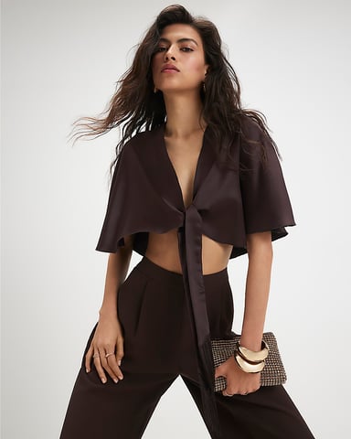 River Island Damen-Cape Braun Bindefront Satin Fransen