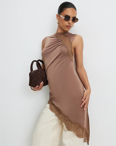 River Island Damen Tunika Petite Braun Spitzenbesatz Asymmetrisch