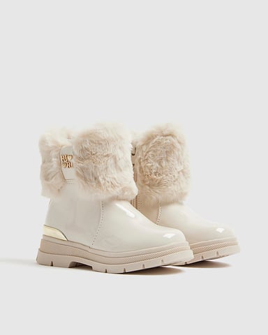 River Island Mädchen-Ministiefel Cremefarben Schnürung Seitlicher Reißverschluss