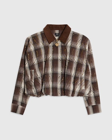 River Island Mädchenjacke Braun Kariert Mit Nieten Und Kragen