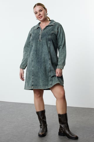 Trendyol Curve Damen Blau Einfarbig Kurz / Mini Lang Casual Gerade Große Größen Kleid
