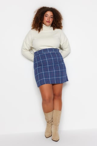 Trendyol Curve Damen Blau Kariert Kurz / Mini Bleistift Rock Große Größen Röcke
