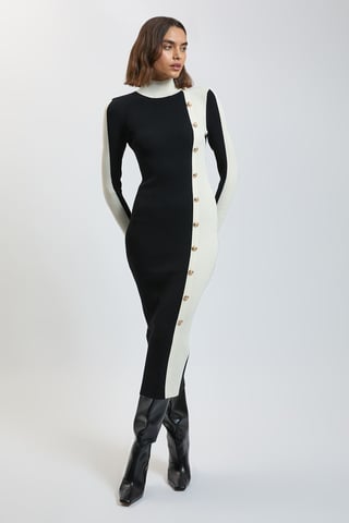 Strickkleid in Rippstrick mit Kontrastdetail, Midi