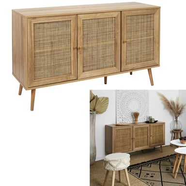 Home Deco Factory Bali Sideboard – 3 Türen – Rattan & Holz – 115 cm