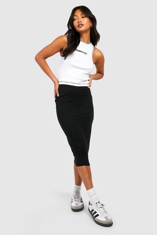Boohoo Basic Unifarbener schwarzer Midirock mit hohem Bund