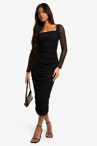 Kleid mit quadratischem Ausschnitt, Raffungen und Mesh, Midaxi